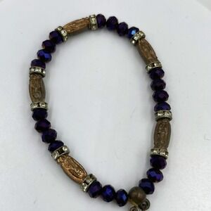 Vintage Purple Faceted Bead Bracelet Religious Medal Charm Rhinestone Spacer